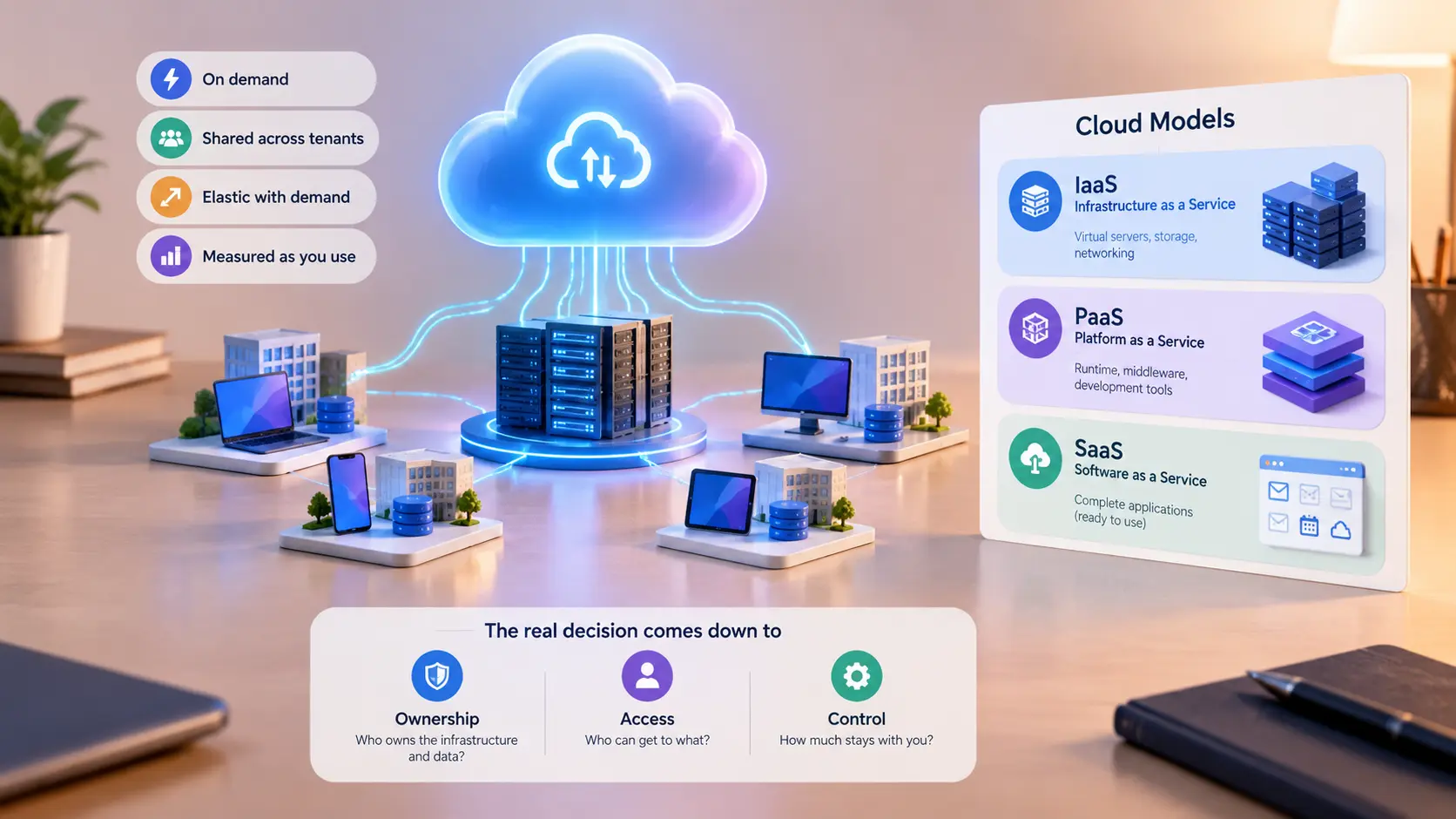 Cloud computing concept showing devices connected to servers over a network